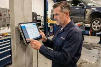 Technicien de garage indépendant utilisant un logiciel de gestion automobile AtelioDoc sur une tablette murale dans un atelier professionnel