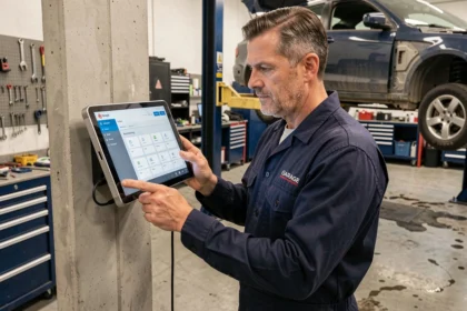 Technicien de garage indépendant utilisant un logiciel de gestion automobile AtelioDoc sur une tablette murale dans un atelier professionnel