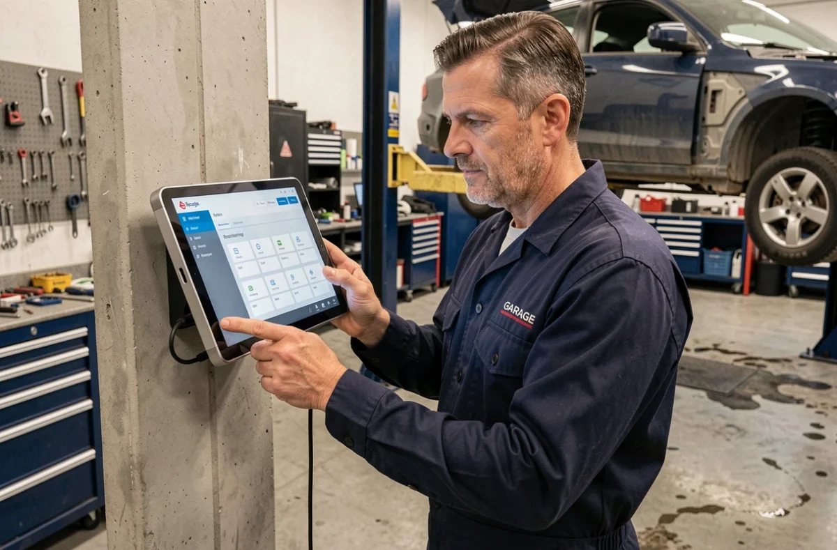Technicien de garage indépendant utilisant un logiciel de gestion automobile AtelioDoc sur une tablette murale dans un atelier professionnel