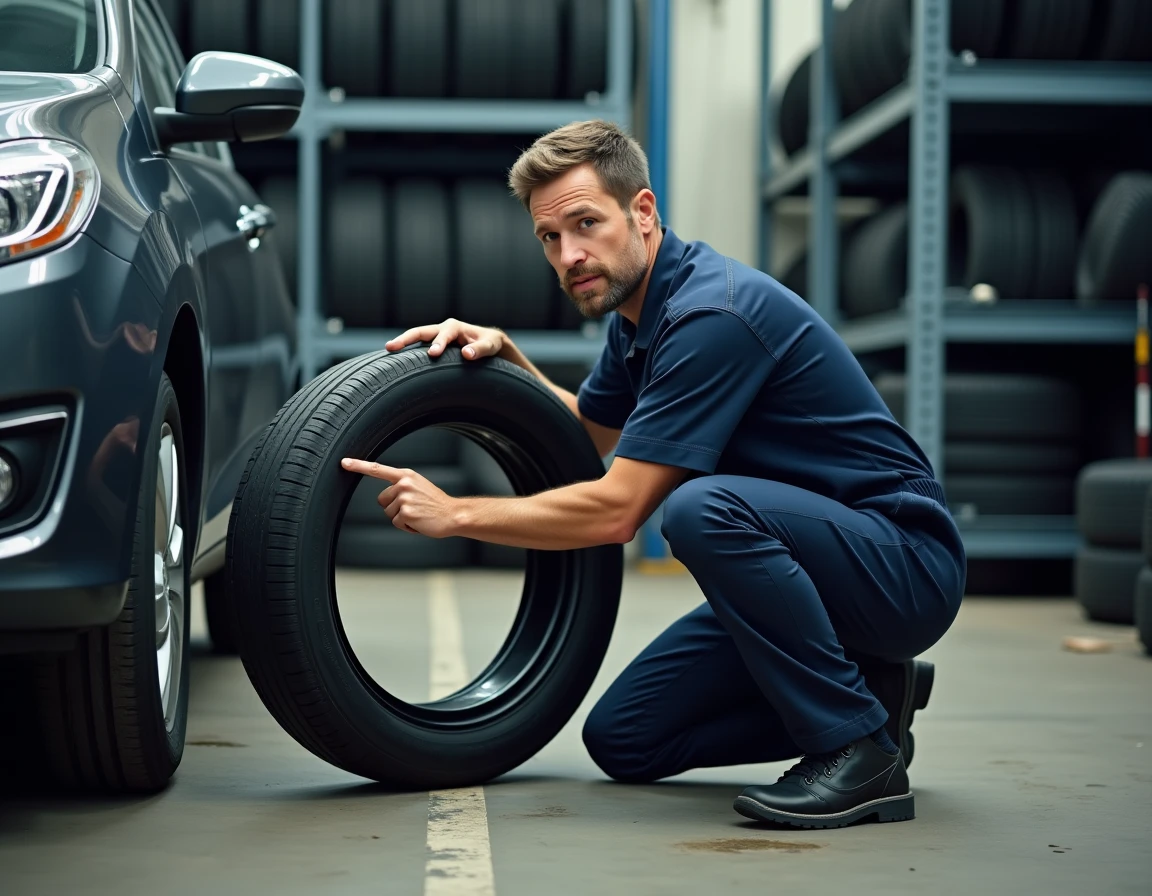 Technicien automobile montrant l'indice de vitesse T sur le flanc d'un pneu dans un atelier de montage