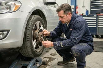 Technicien automobile inspectant un disque de frein usé sur une voiture surélevée en garage professionnel