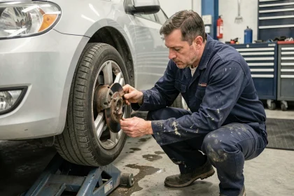 Technicien automobile inspectant un disque de frein usé sur une voiture surélevée en garage professionnel