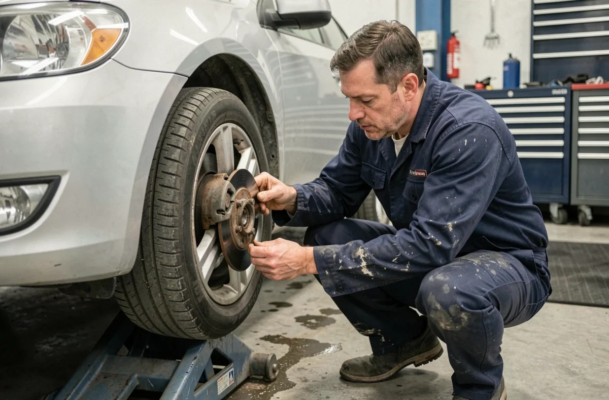 Technicien automobile inspectant un disque de frein usé sur une voiture surélevée en garage professionnel