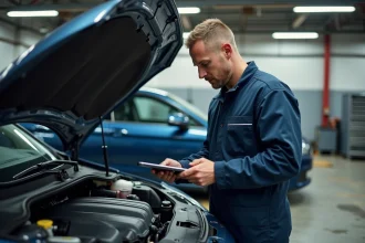 Technicien automobile inspectant le moteur d'un véhicule après une reprogrammation moteur Shiftech dans un garage professionnel