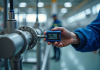 Mains d'un ingénieur connectant un capteur de pression industriel