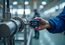 Mains d'un ingénieur connectant un capteur de pression industriel