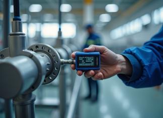 Mains d'un ingénieur connectant un capteur de pression industriel