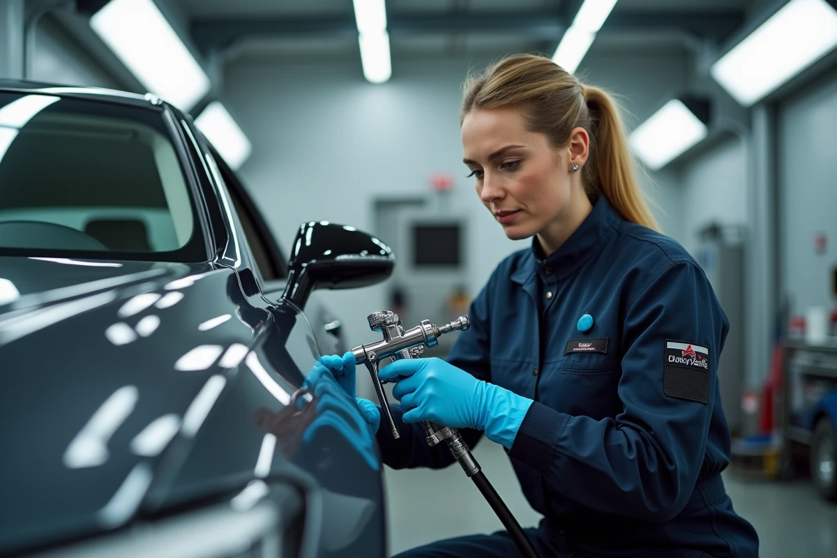 Technicienne exp&eacute;riment&eacute;e utilisant un pistolet sur une voiture