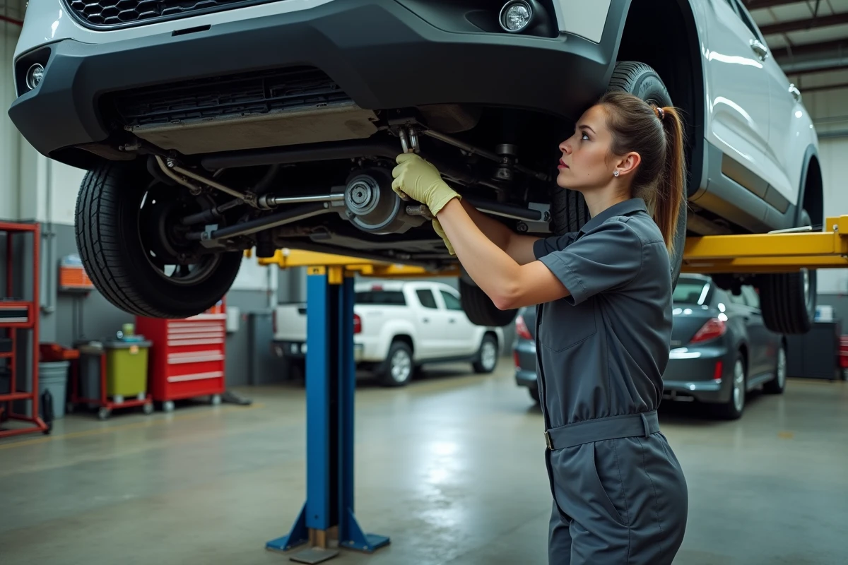 Technicienne automobile ajustant la direction et les biellettes de direction sous un SUV surélevé