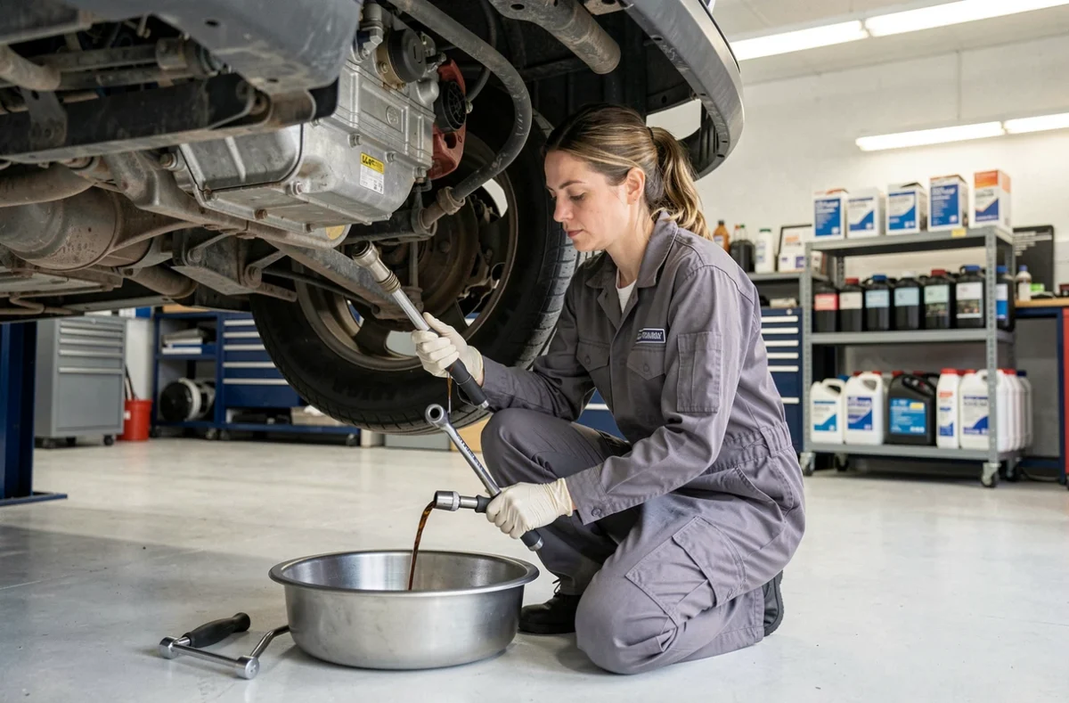 Technicienne automobile réalisant une vidange d'huile moteur sur un véhicule diesel équipé du moteur 2 HDi 90