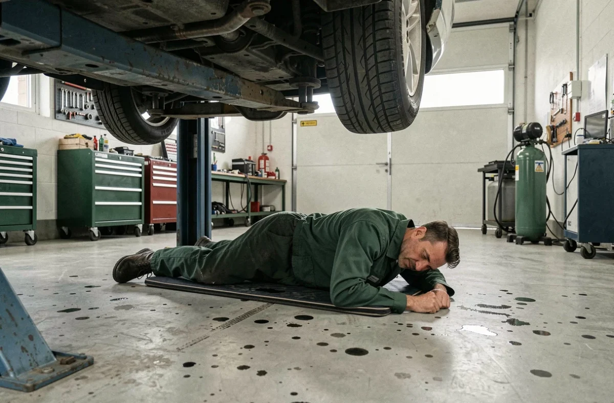 Mécanicien travaillant sous une voiture sur un pont élévateur dans le garage Technique Auto Drancy