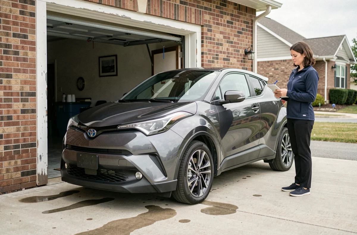 Femme debant un garage comparant les dimensions d'une Toyota C-HR avec l'ouverture du garage pour estimer si la voiture peut y rentrer