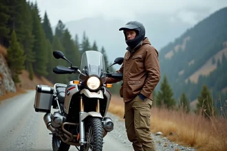 Motard en veste de cuir marron debout à côté d'un trail moto occasion BMW GS sur une route de montagne en gravier avec forêt de pins en arrière-plan