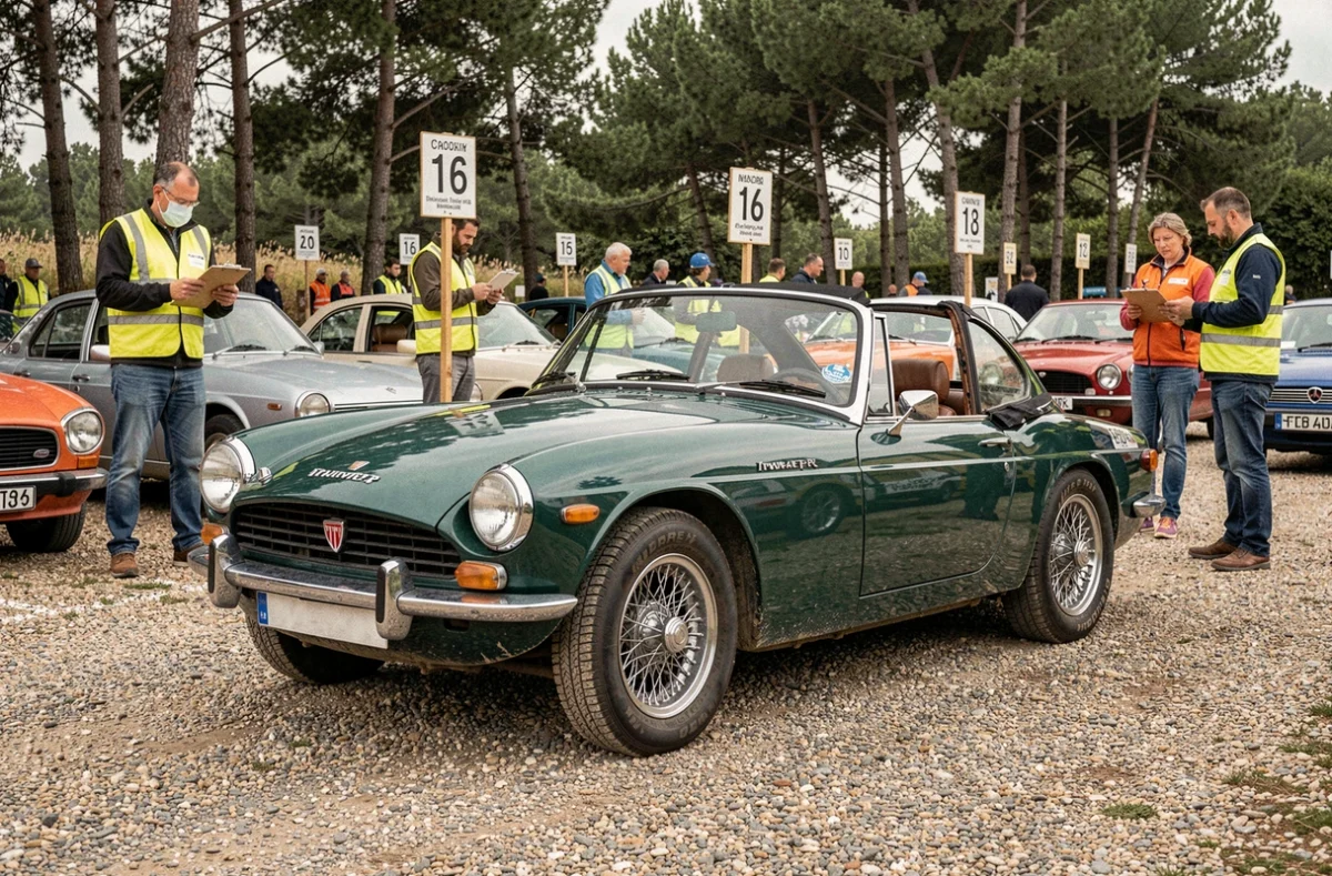 Triumph TR3 verte au départ d'un rallye amateur en campagne française, entourée de commissaires et de panneaux de rallie