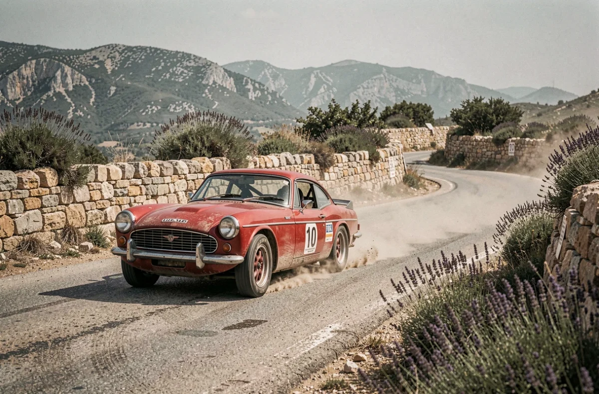 Triumph TR3 rouge en virage serré sur une route de montagne lors d'une spéciale de rallye dans le sud de la France