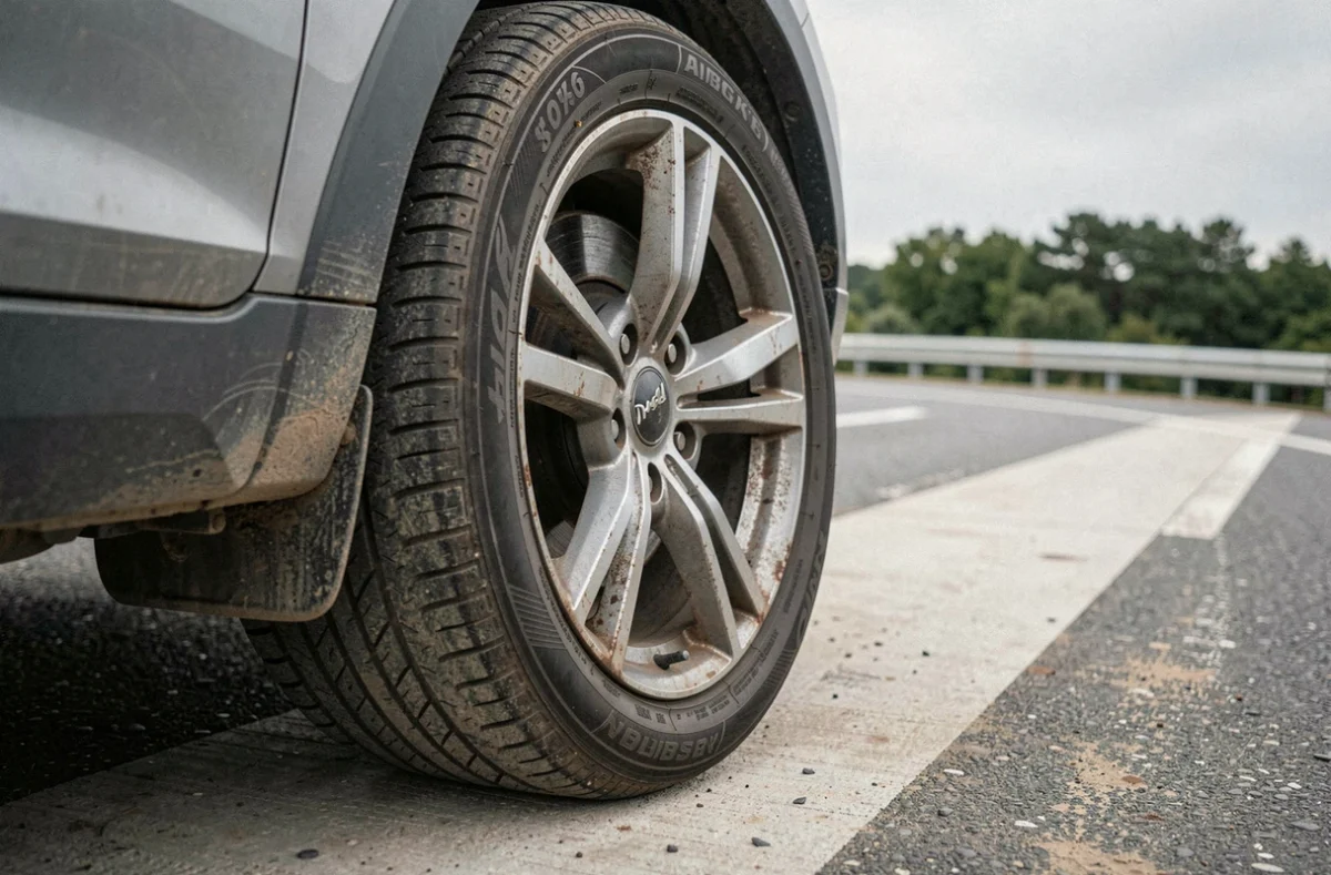 Gros plan sur une roue de voiture avec usure irrégulière du pneu sur bord d'autoroute