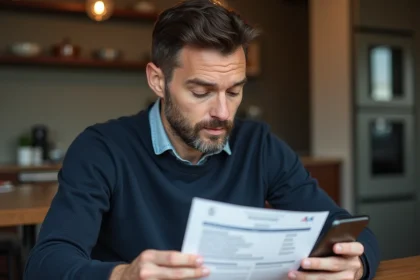 Homme vérifiant une carte grise avec son smartphone avant une revente de véhicule