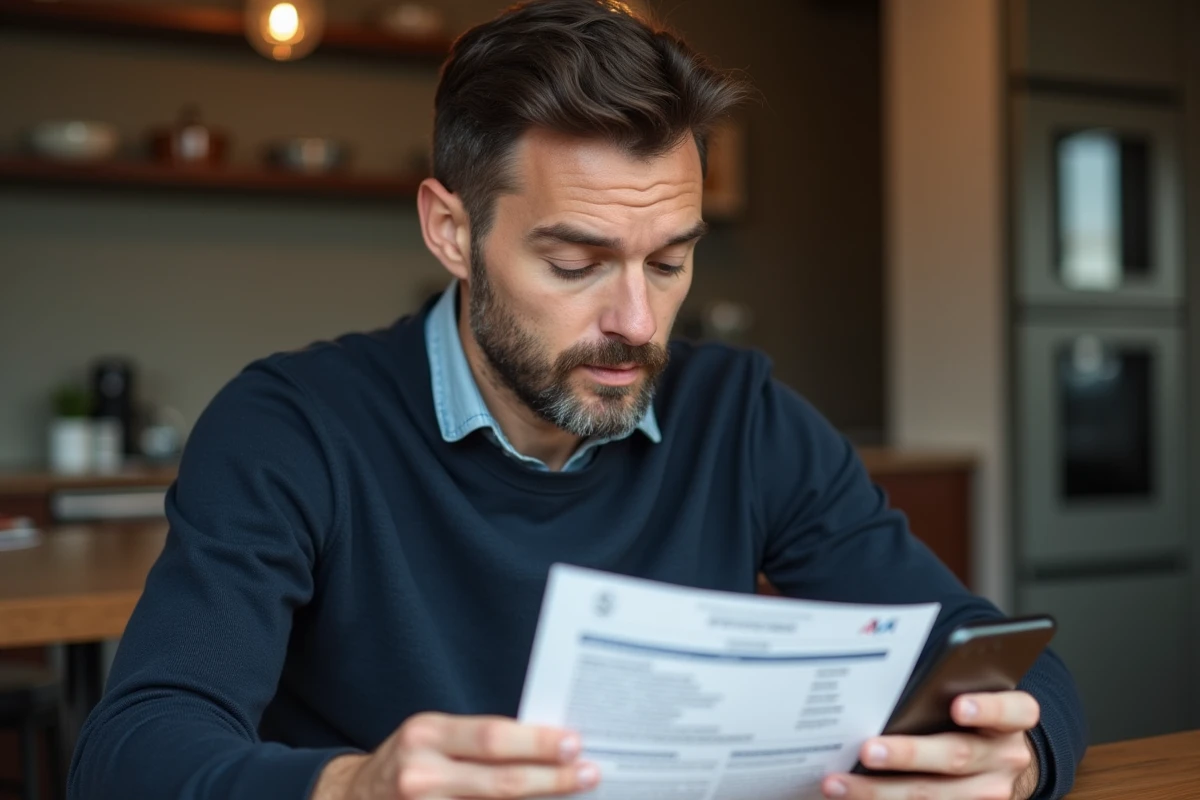 Homme vérifiant une carte grise avec son smartphone avant une revente de véhicule