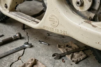 Gros plan sur le numéro de cadre estampillé d'une Mobylette vintage dans un garage authentique
