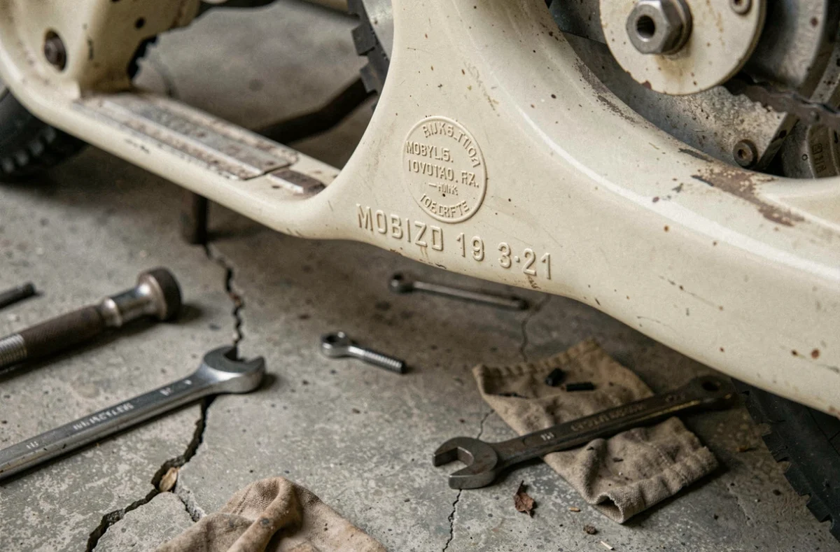 Gros plan sur le numéro de cadre estampillé d'une Mobylette vintage dans un garage authentique