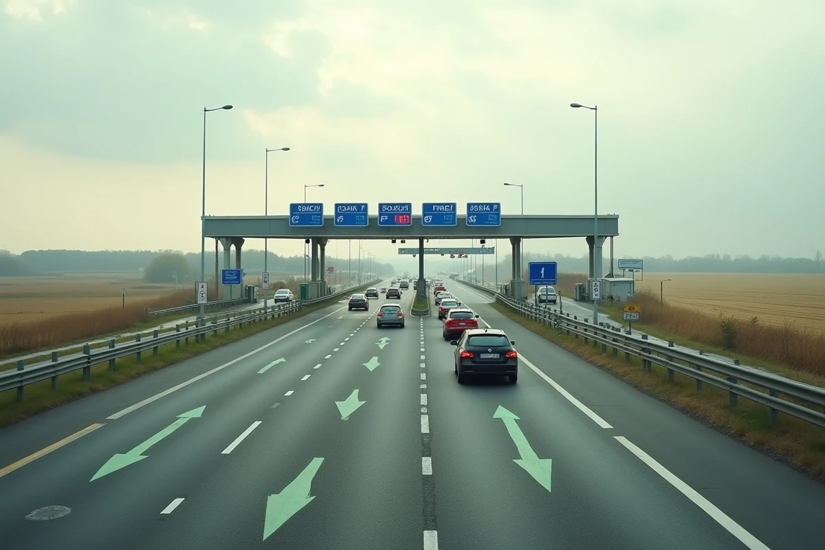 Vue large d'un péage autoroutier français avec voies gratuites ouvertes indiquées par des flèches vertes