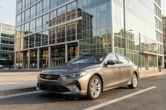 Voiture de location garée devant un immeuble de bureaux le matin