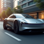 Voiture hybride 2025 en ville avec reflet solaire