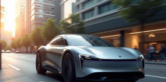Voiture hybride 2025 en ville avec reflet solaire