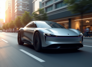 Voiture hybride 2025 en ville avec reflet solaire