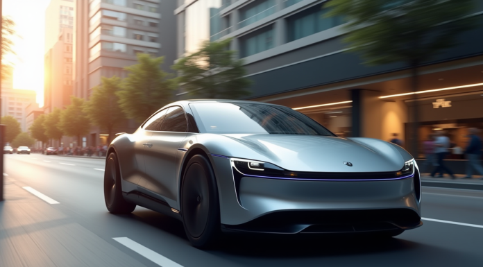Voiture hybride 2025 en ville avec reflet solaire