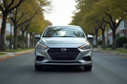 Voiture compacte d'entrée de gamme marque en V garée dans une rue résidentielle, vue trois quarts avant, finition argent métallisé