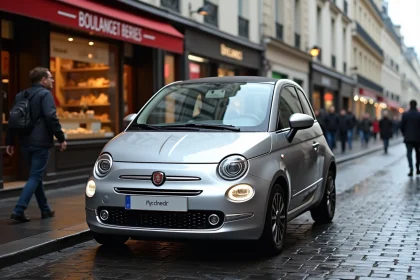 Voiture compacte la plus vendue en France garée dans une rue parisienne avec reflets de façades haussmanniennes