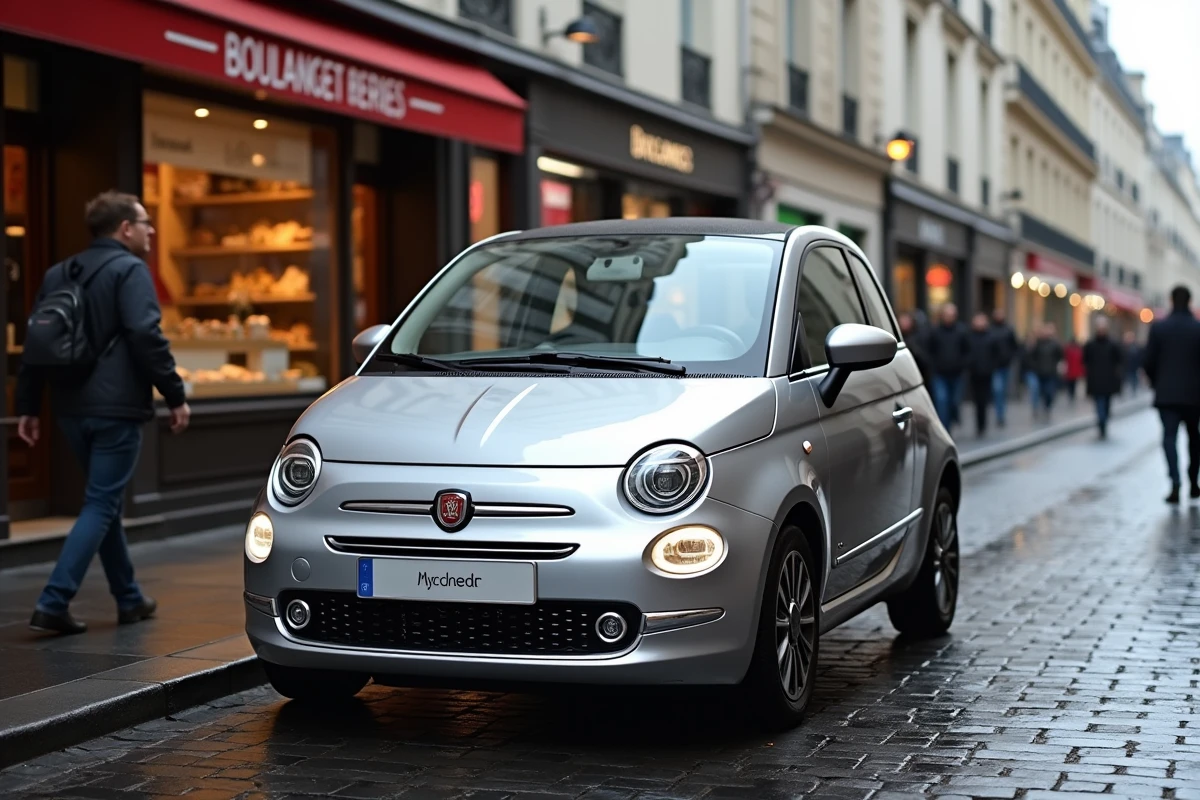 Voiture compacte la plus vendue en France garée dans une rue parisienne avec reflets de façades haussmanniennes