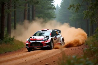 Voiture de rally en dérapage sur une piste forestière en gravier avec projection de poussière
