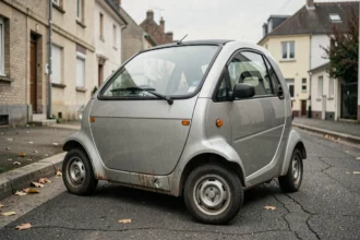 Voiture sans permis d'occasion usagée garée dans une rue résidentielle française, avec traces de rouille et carrosserie rayée