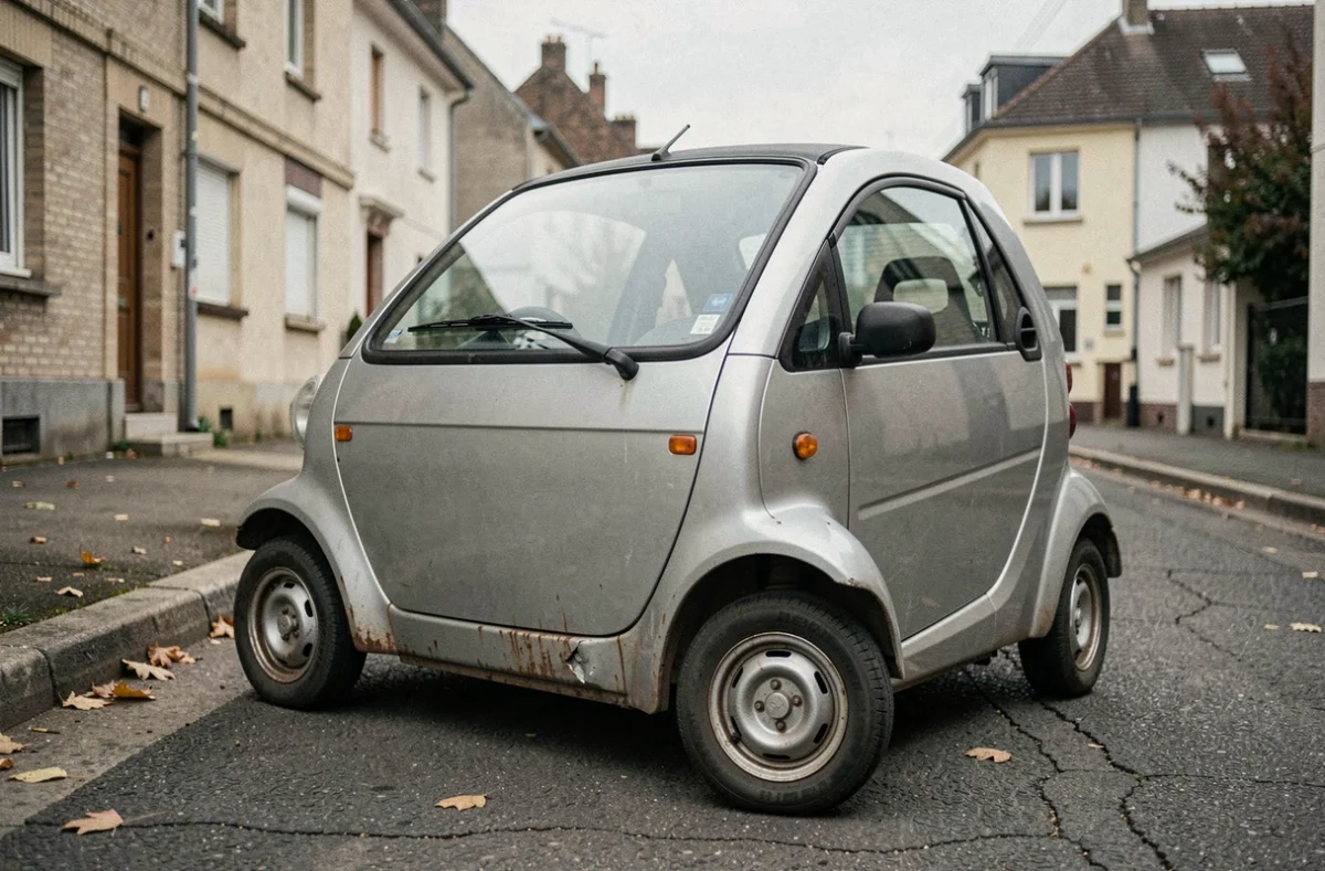 Voiture sans permis d'occasion usagée garée dans une rue résidentielle française, avec traces de rouille et carrosserie rayée
