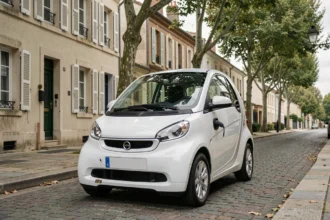 Voiturette électrique blanche garée dans une rue résidentielle française, design compact et moderne