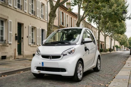 Voiturette électrique blanche garée dans une rue résidentielle française, design compact et moderne