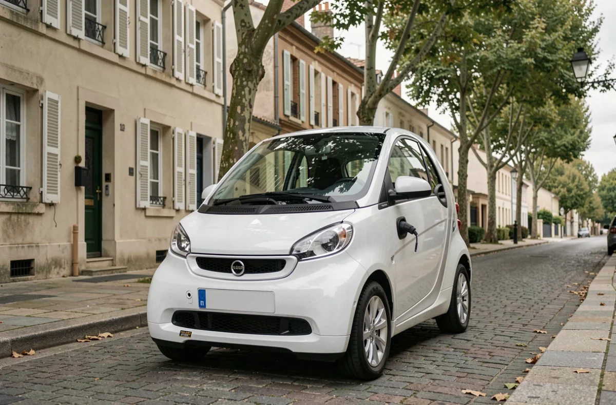 Voiturette électrique blanche garée dans une rue résidentielle française, design compact et moderne