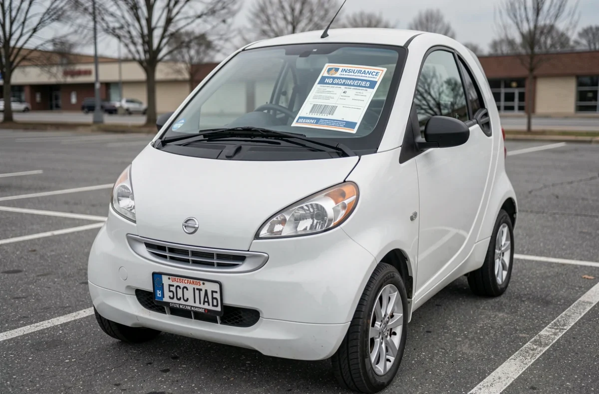 Voiturette sans permis avec certificat d'assurance visible sur le pare-brise dans un parking