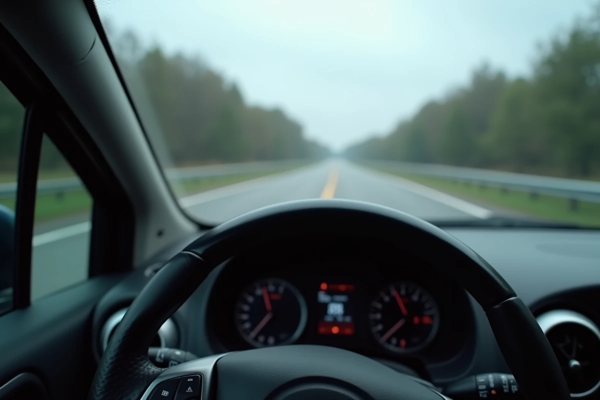 Volant de voiture légèrement dévié avec les roues droites visibles à travers le pare-brise