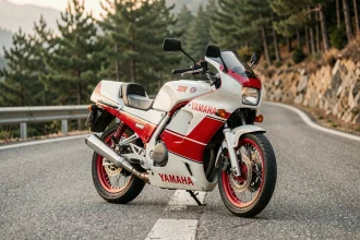 Yamaha TZR 125 sportive deux temps garée sur une route de montagne sinueuse entourée de forêt de pins