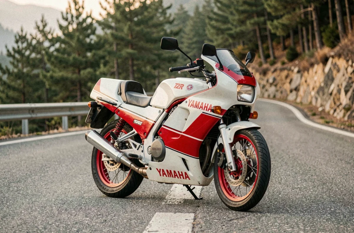 Yamaha TZR 125 sportive deux temps garée sur une route de montagne sinueuse entourée de forêt de pins